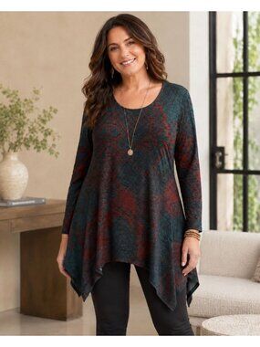 Soft Surroundings 3X Long Sleeve Floral Tunic Top Stretchy Handkerchief Hem
